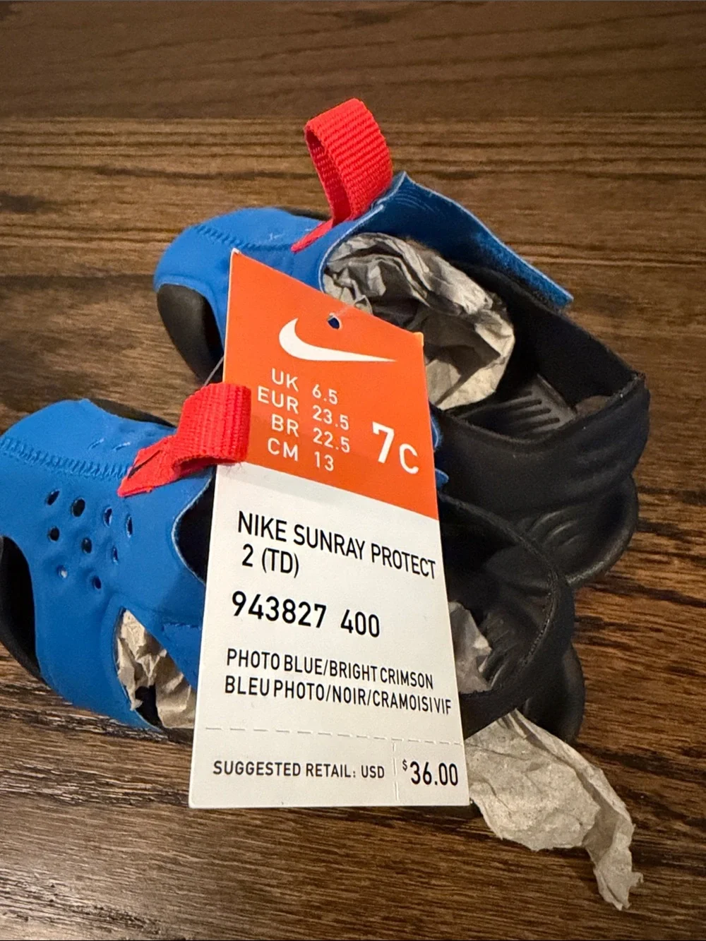 Nike Kids Sunray Protect 2 Photo Blue/ Bright Crimson size 7C Water Shoe